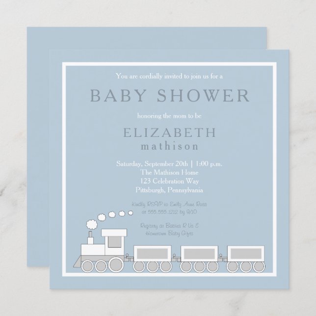 Blue | White Choo Choo Train Boy Baby Shower Invitation (Front/Back)
