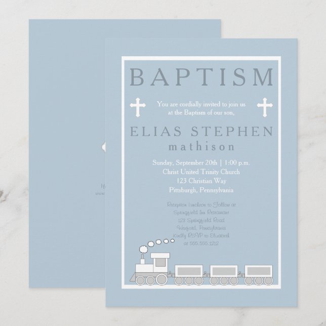 Blue | White Choo Choo Train Boy Baptism Invitation (Front/Back)