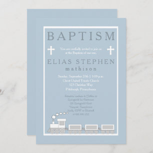 Blue White Choo Choo Train Boy Baptism Invitation
