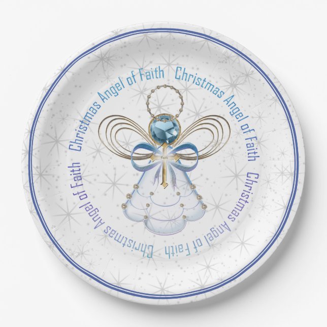 Blue & White Christmas Angel of Faith & Stars Paper Plates (Front)