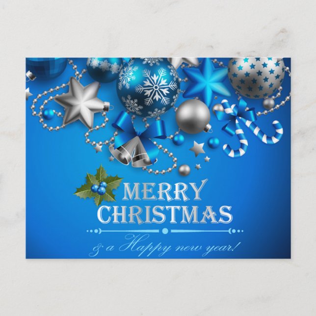 Blue & White Christmas Balls, Candy Cane, Stars, Holiday Postcard (Front)
