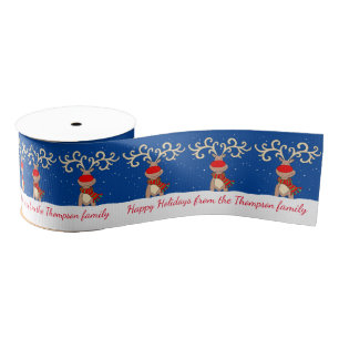 Blue white Christmas big antlers reindeer ribbon