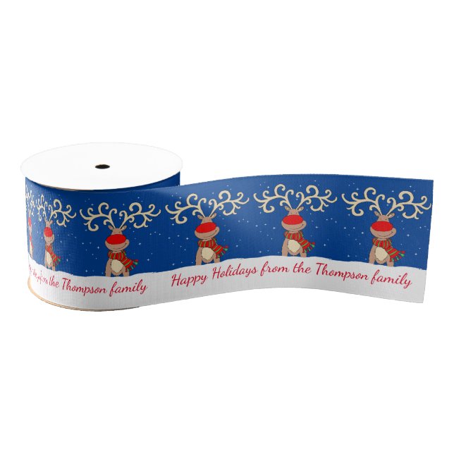 Blue white Christmas big antlers reindeer ribbon (Spool)