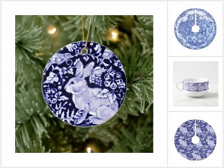 Blue White Christmas Decor, Ornaments Rabbits Etc