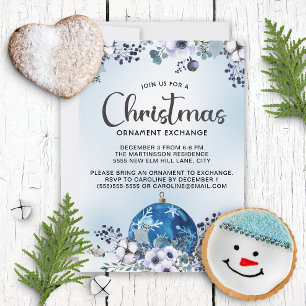Blue White Christmas Floral Ornament Exchange  Invitation