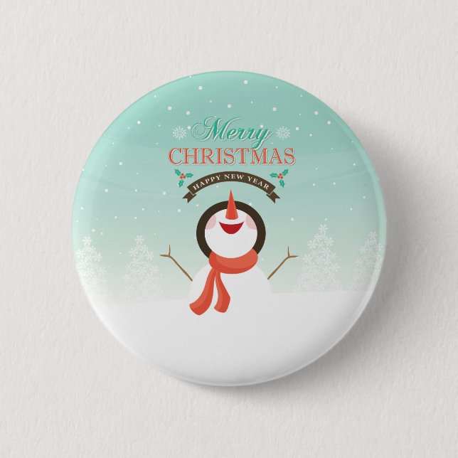 Blue White Christmas New Years Snowman Greetings Pinback Button (Front)