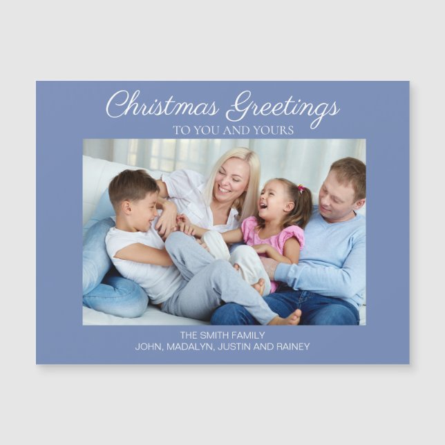 Blue White Christmas Photo Greetings Magnetic Card (Front)