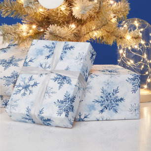 Blue White Christmas Pine Trees Snowflakes Wrapping Paper