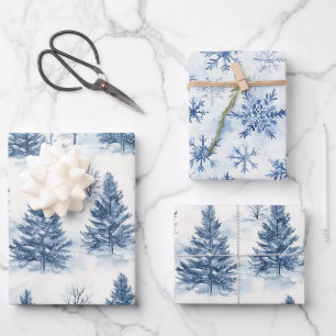 Blue White Christmas Pine Trees Snowflakes Wrapping Paper Sheets