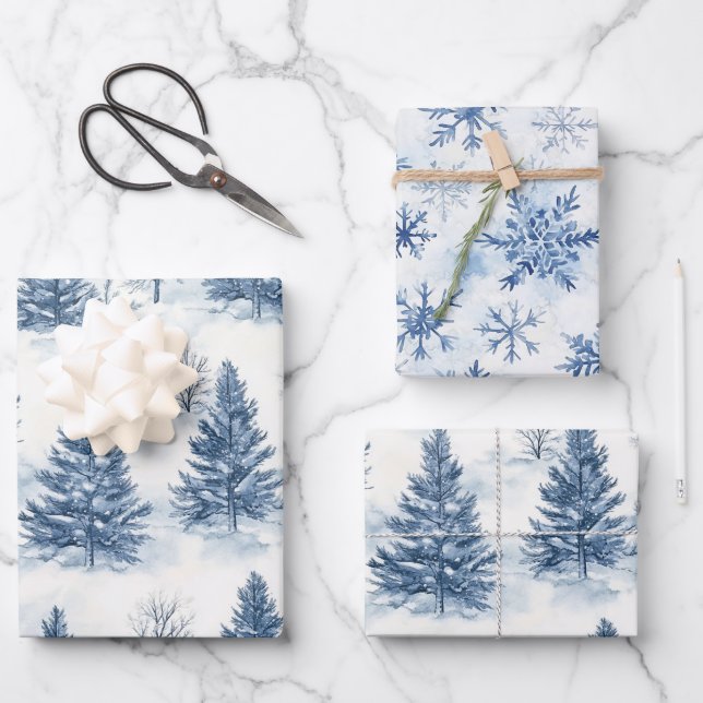 Blue White Christmas Pine Trees Snowflakes Wrapping Paper Sheets (Front)