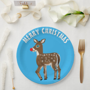 Blue White Christmas Reindeer Paper Plates