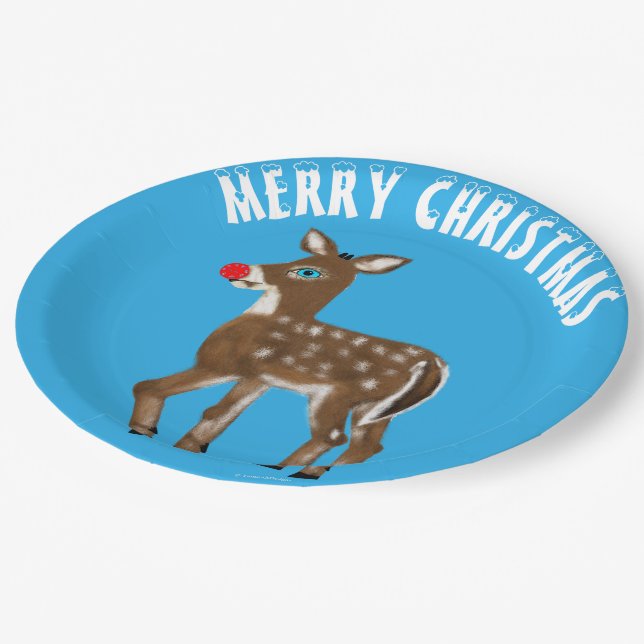 Blue White Christmas Reindeer Paper Plates (Angled)