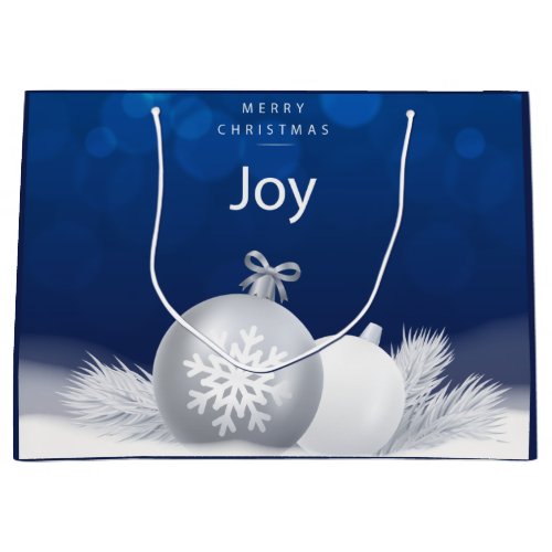 Blue white Christmas snow baubles joy snowflake Large Gift Bag