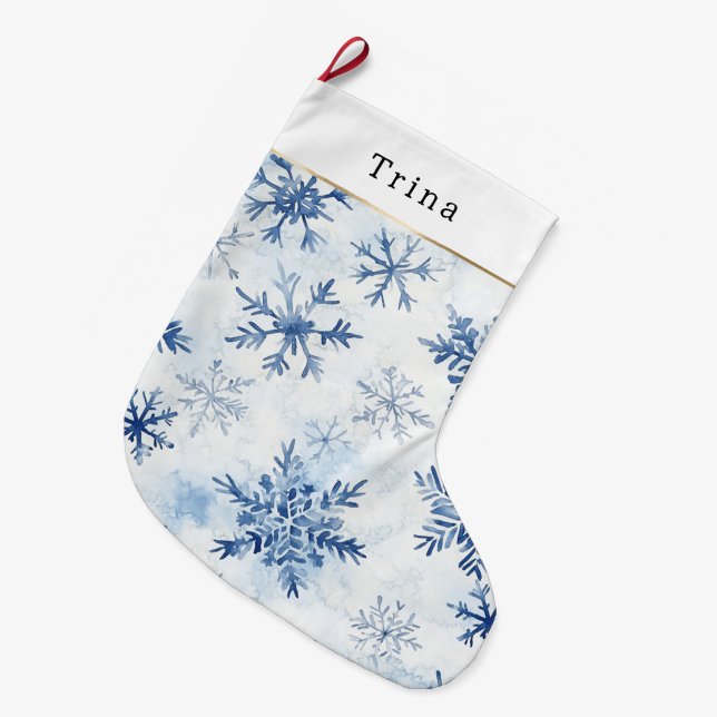 Blue White Christmas Snowflakes Large Christmas Stocking (Front (Hanging))