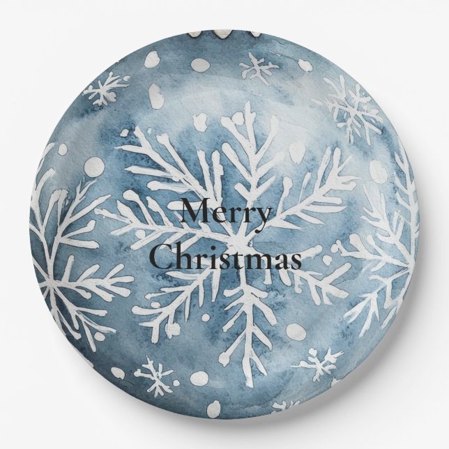 Blue White Christmas Snowflakes Ornaments Paper Plates (Front)