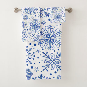 Blue & White Christmas Snowflakes Pattern Bath Towel Set