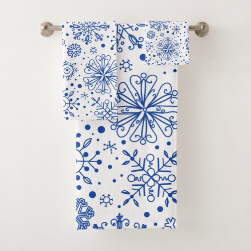 Blue  White Christmas Snowflakes Pattern Bath Towel Set