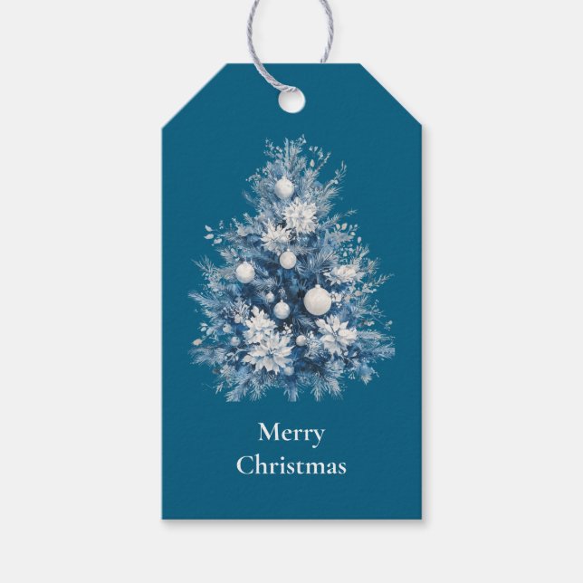 Blue White Christmas Tree Gift Tags (Front)