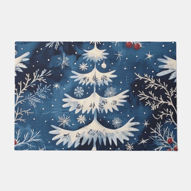 Blue White Christmas Tree Holiday Doormat (Front)