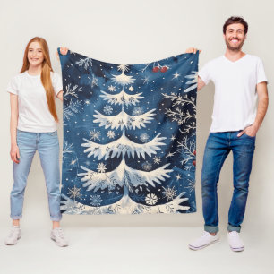 Blue White Christmas Tree Holiday Fleece Blanket
