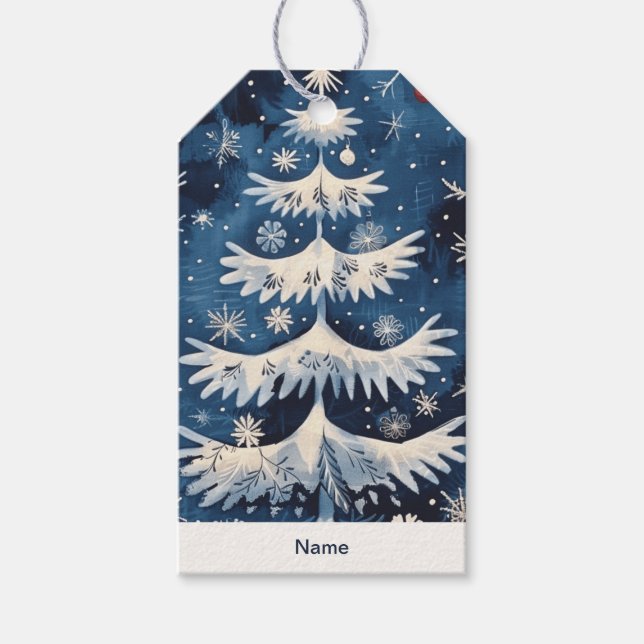 Blue White Christmas Tree Holiday Gift Tag (Front)