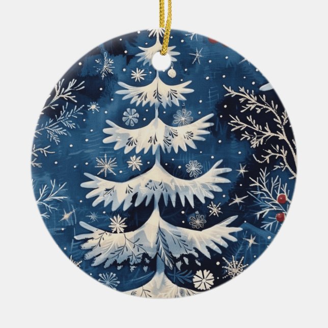 Blue White Christmas Tree Holiday Ornament (Front)