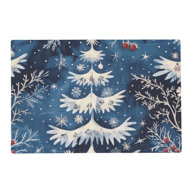 Blue White Christmas Tree Holiday Paper Placemat (Back)
