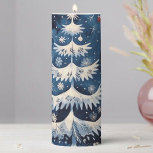 Blue White Christmas Tree Holiday Pillar Candle