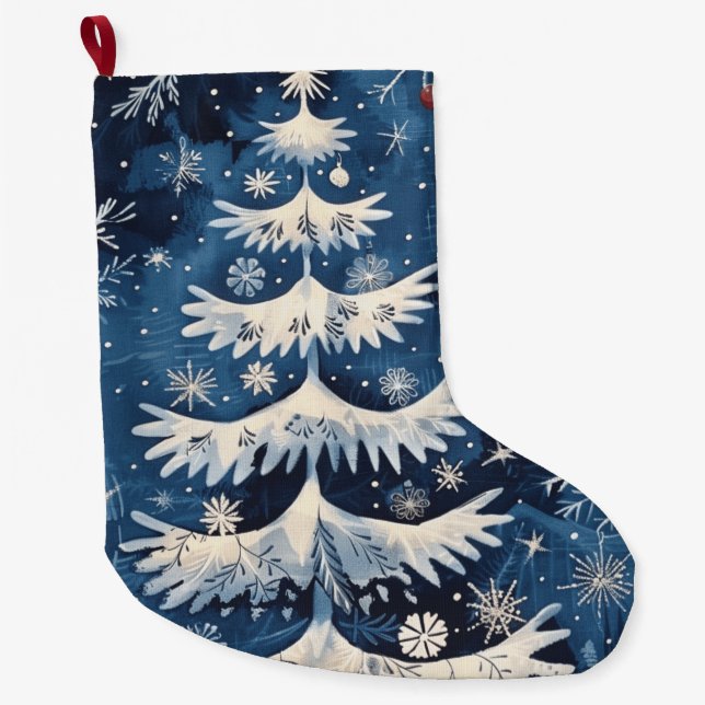 Blue White Christmas Tree Holiday Stocking (Front)