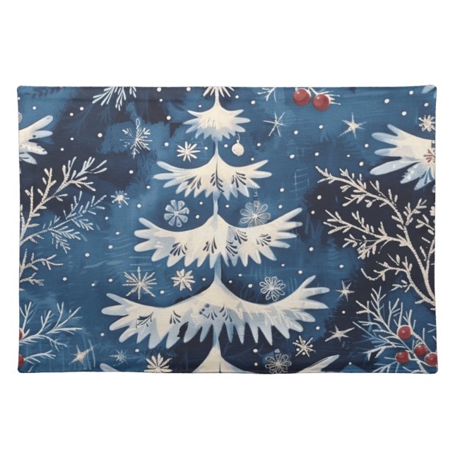 Blue White Christmas Tree Holiday Table Cloth Placemat (Front)