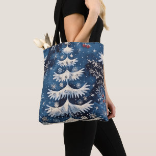 Blue White Christmas Tree Holiday Tote Bag