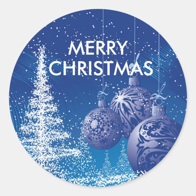 Blue & White Christmas Tree & Ornaments Classic Round Sticker (Front)