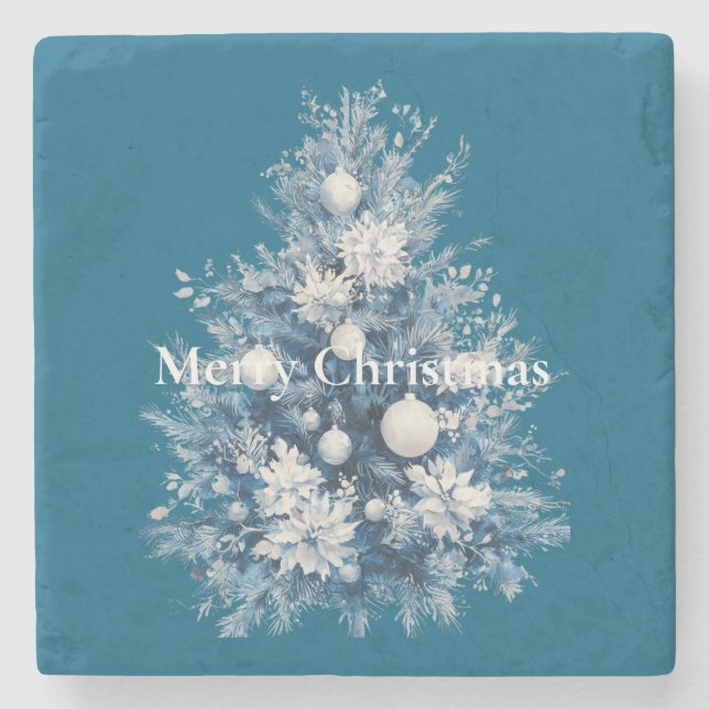 Blue White Christmas Tree Stone Coaster (Front)