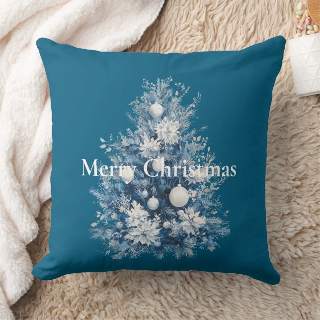 Blue White Christmas Tree Throw Pillow (Blanket)