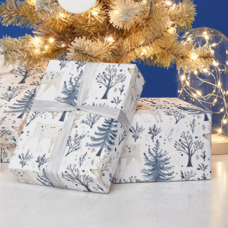 Blue White Christmas Trees Deer Wrapping Paper