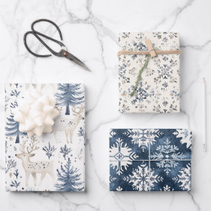 Blue White Christmas Trees Deer Wrapping Paper Sheets