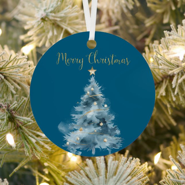 Blue White Christmas Trees Metal Ornament (Insitu)