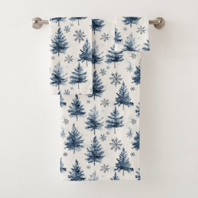 Blue White Christmas Trees Snowflakes Bath Towel Set (Insitu)