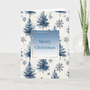 Blue White Christmas Trees Snowflakes	 Card