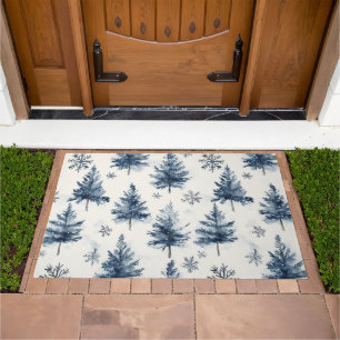 Blue White Christmas Trees Snowflakes Doormat