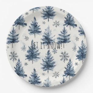 Blue White Christmas Trees Snowflakes Paper Plates