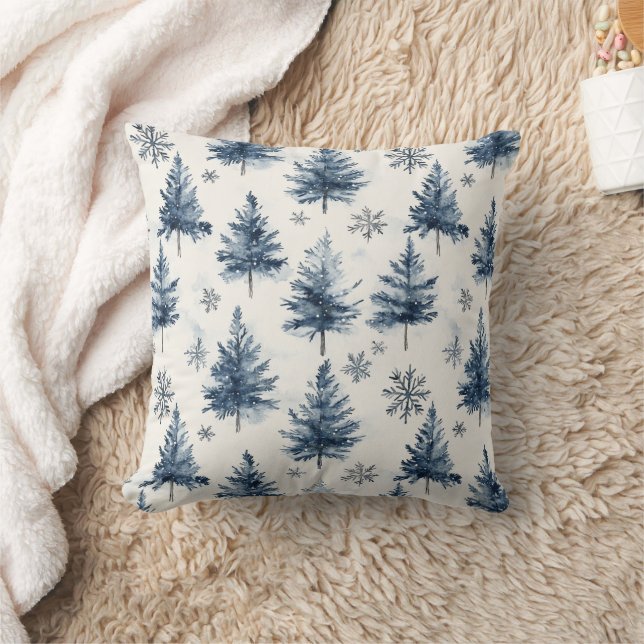 Blue White Christmas Trees Snowflakes Throw Pillow (Blanket)