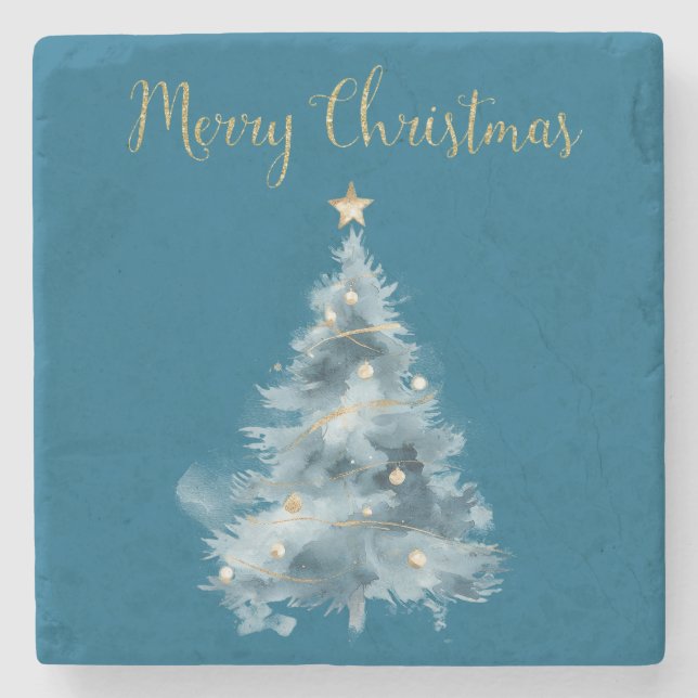 Blue White Christmas Trees Stone Coaster (Front)