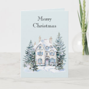 Blue White Christmas Winter House Trees Card