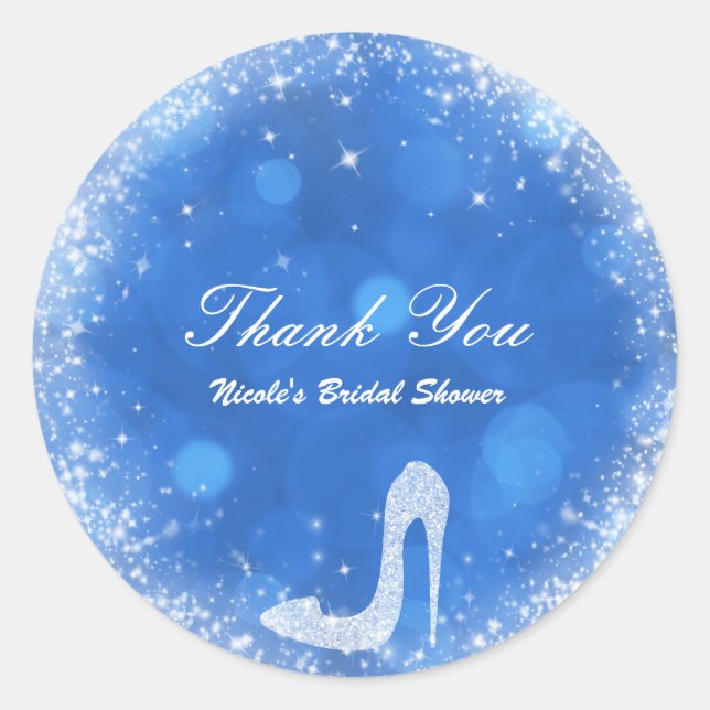 Blue & White Cinderella Sparkle Heels Party Favor Classic Round Sticker (Front)