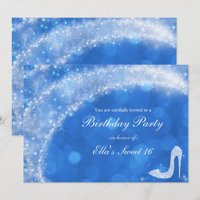 Blue & White Cinderella Sparkle High Heel Party Invitation (Front/Back)