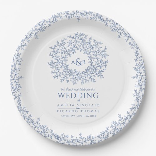 Blue white circle leaf drawing monogram wedding paper plates