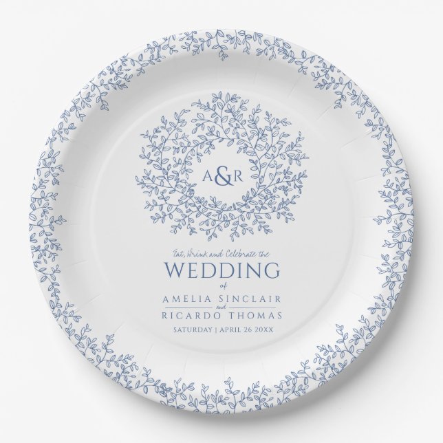 Blue white circle leaf drawing monogram wedding paper plates (Front)
