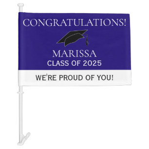 Blue White Class of 2025 Graduate Graduation Cap Car Flag