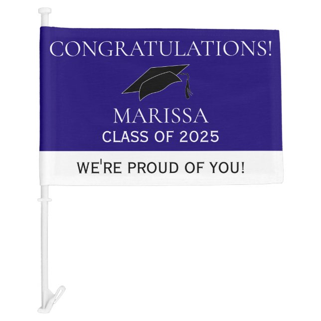 Blue White Class of 2025 Graduate Graduation Cap  Car Flag (Front)